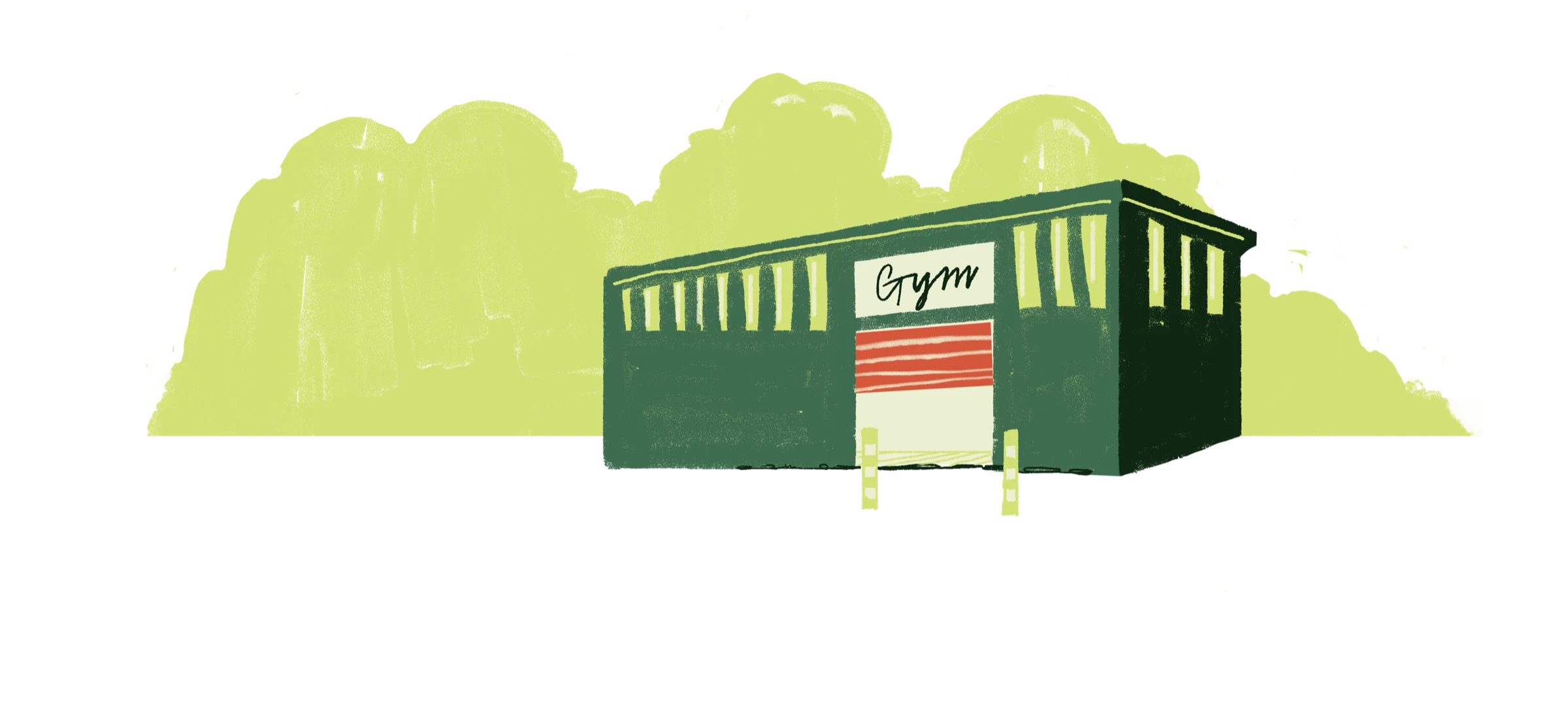 Illustration of a country club with a gym, a delivery lorry and two people